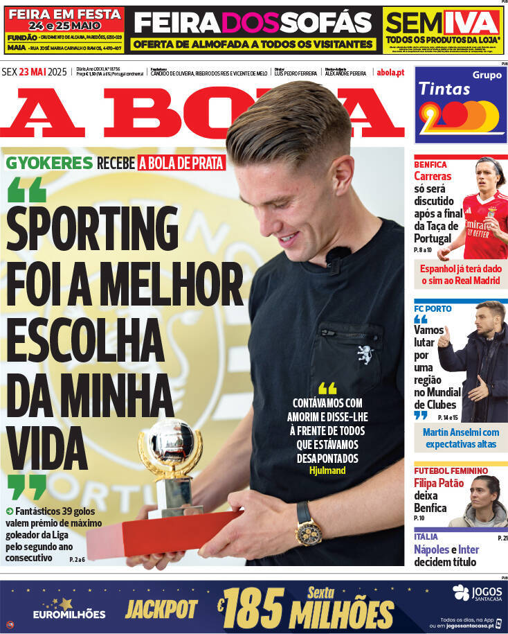A Bola: Capa da Edi&ccedil;&atilde;o de sexta-feira, 23 de maio 2025