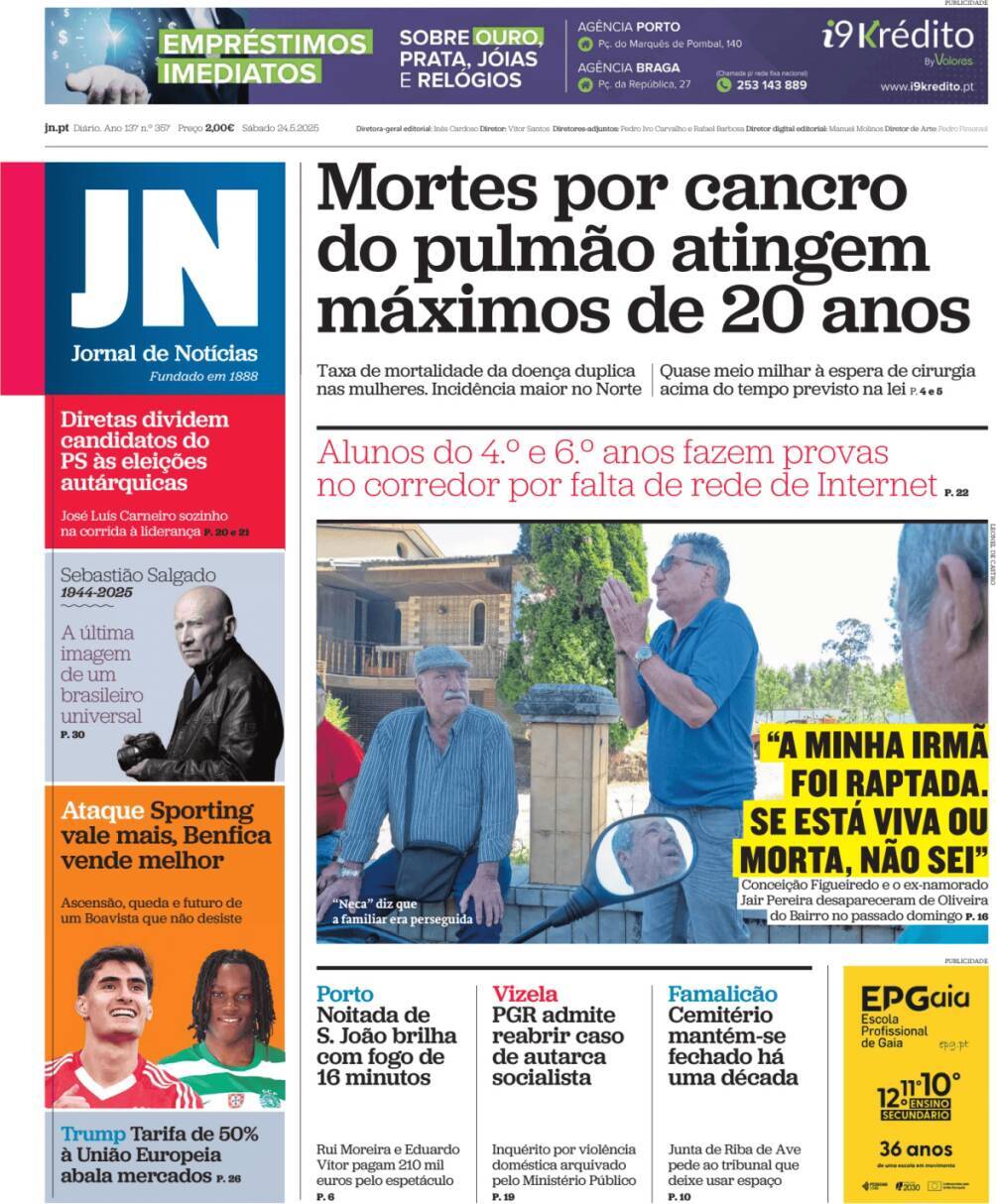 Jornal de Not&iacute;cias: Capa da Edi&ccedil;&atilde;o de s&aacute;bado, 24 de maio 2025