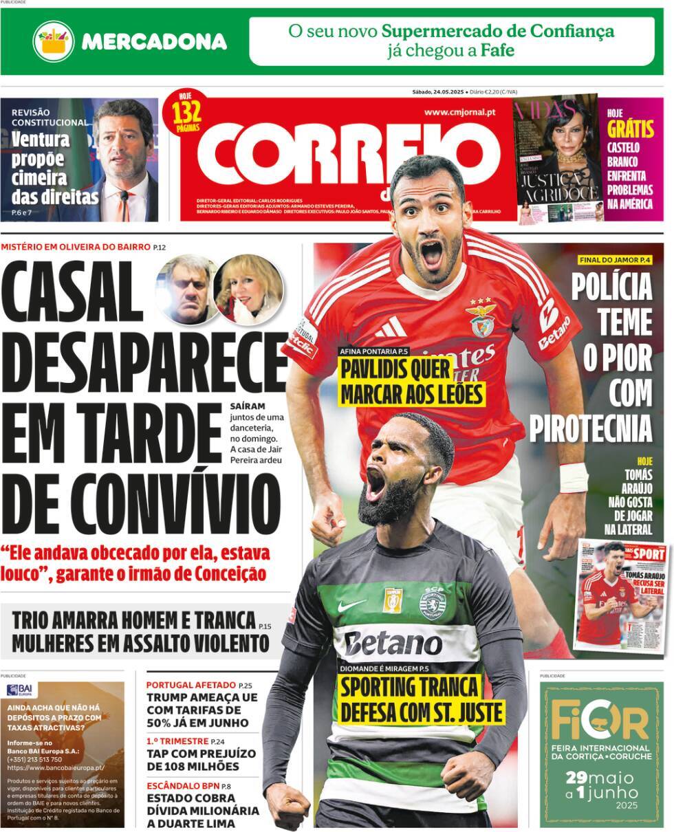 Correio da Manh&atilde;: Capa da Edi&ccedil;&atilde;o de s&aacute;bado, 24 de maio 2025