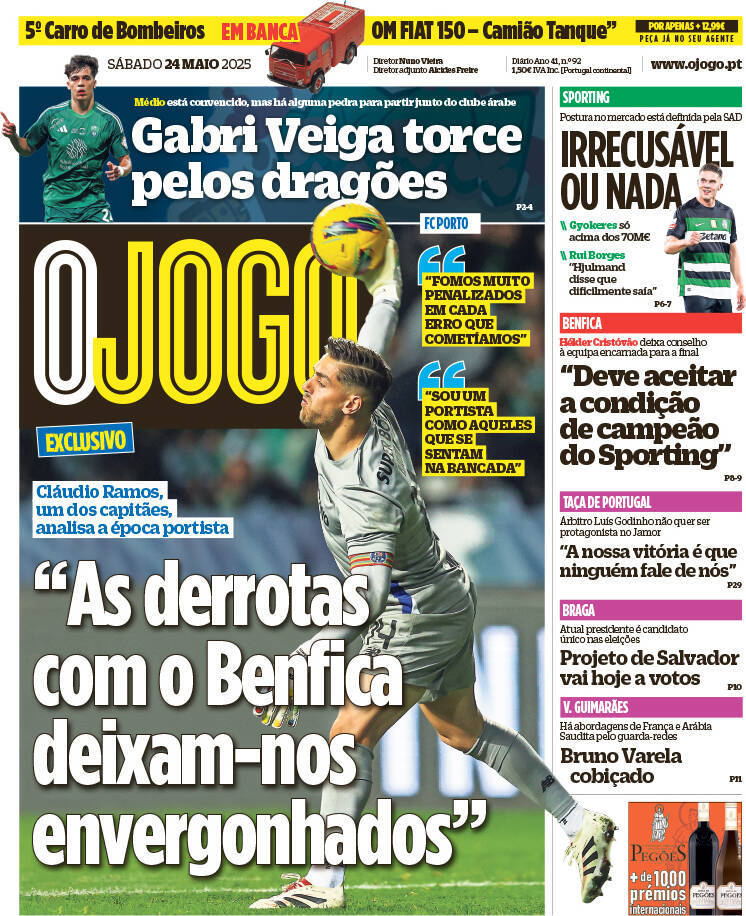 O Jogo: Capa da Edi&ccedil;&atilde;o de s&aacute;bado, 24 de maio 2025