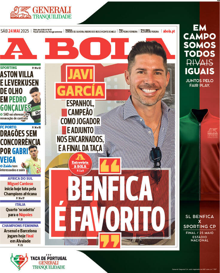 A Bola: Capa da Edi&ccedil;&atilde;o de s&aacute;bado, 24 de maio 2025