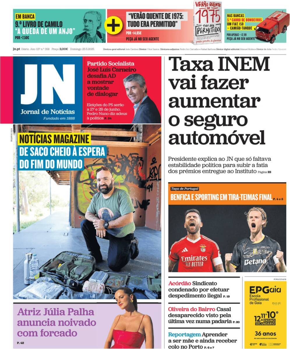 Jornal de Not&iacute;cias: Capa da Edi&ccedil;&atilde;o de domingo, 25 de maio 2025