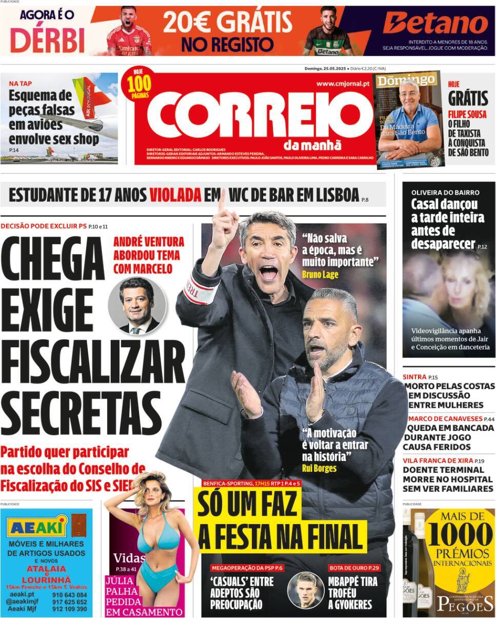 Correio da Manh&atilde;: Capa da Edi&ccedil;&atilde;o de domingo, 25 de maio 2025