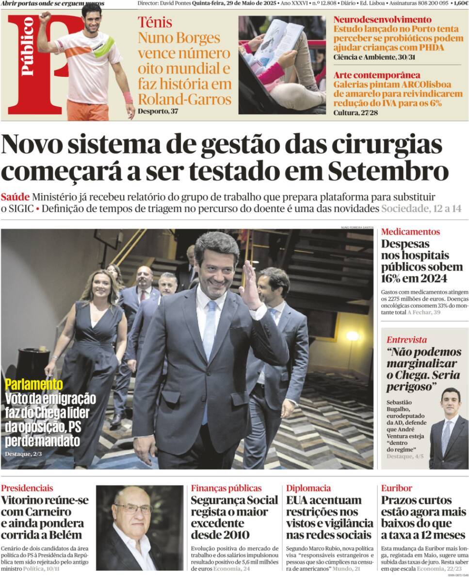 P&uacute;blico: Capa da Edi&ccedil;&atilde;o de quinta-feira, 29 de maio 2025