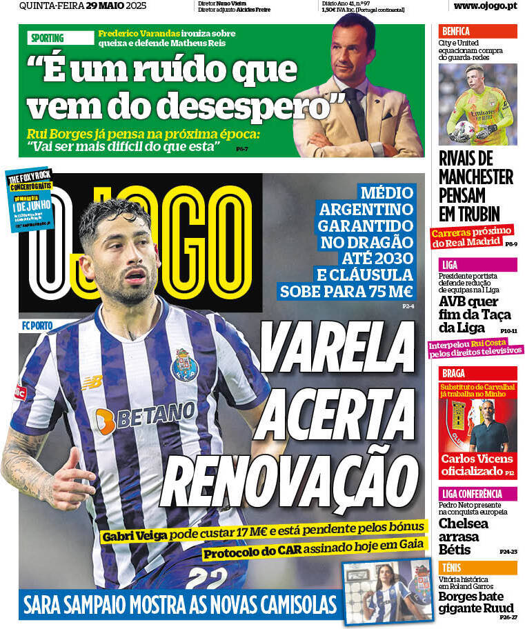 O Jogo: Capa da Edi&ccedil;&atilde;o de quinta-feira, 29 de maio 2025
