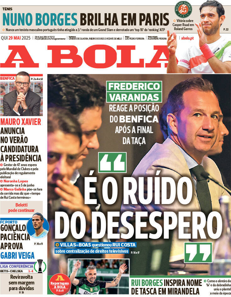 A Bola: Capa da Edi&ccedil;&atilde;o de quinta-feira, 29 de maio 2025