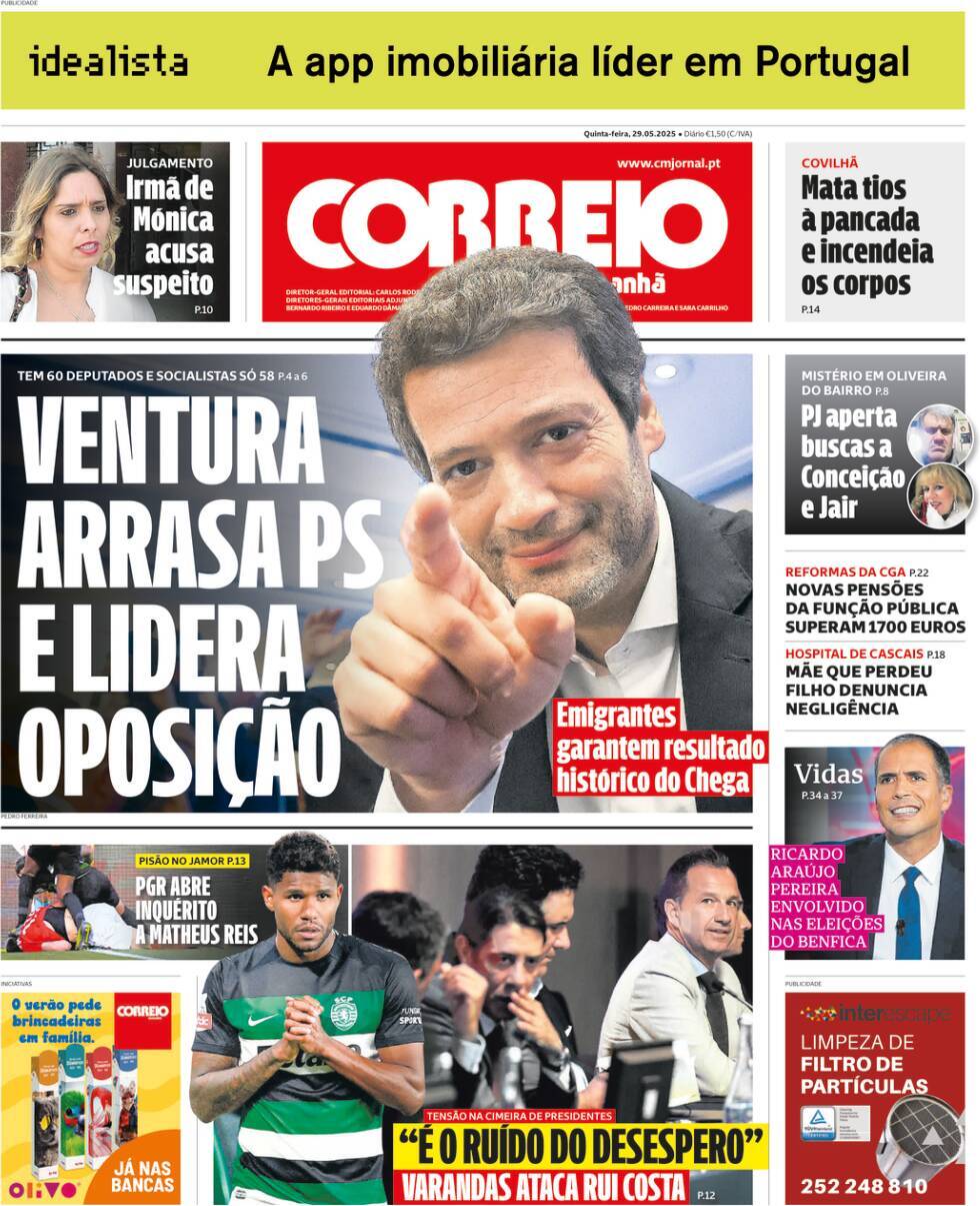 Correio da Manh&atilde;: Capa da Edi&ccedil;&atilde;o de quinta-feira, 29 de maio 2025