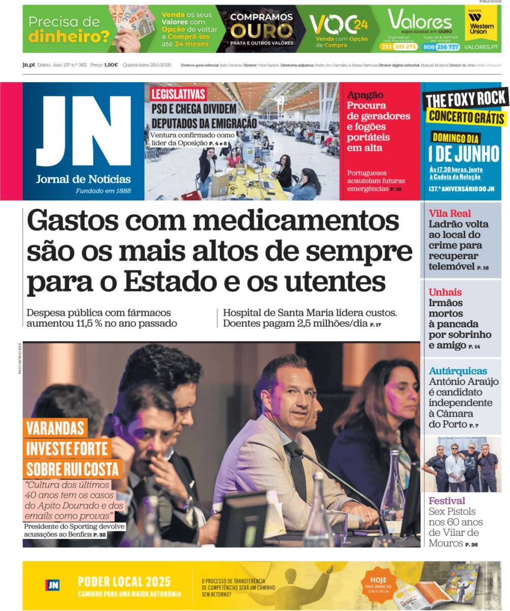 Jornal de Not&iacute;cias: Capa da Edi&ccedil;&atilde;o de quinta-feira, 29 de maio 2025