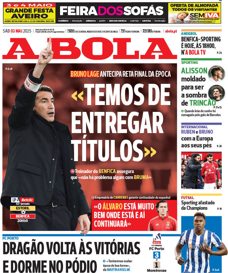 A Bola: Capa da Edi&ccedil;&atilde;o de s&aacute;bado, 03 de maio 2025