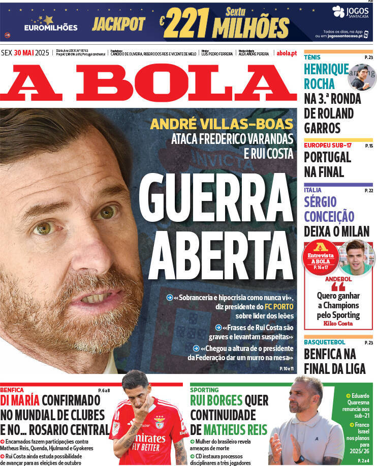 A Bola: Capa da Edi&ccedil;&atilde;o de sexta-feira, 30 de maio 2025