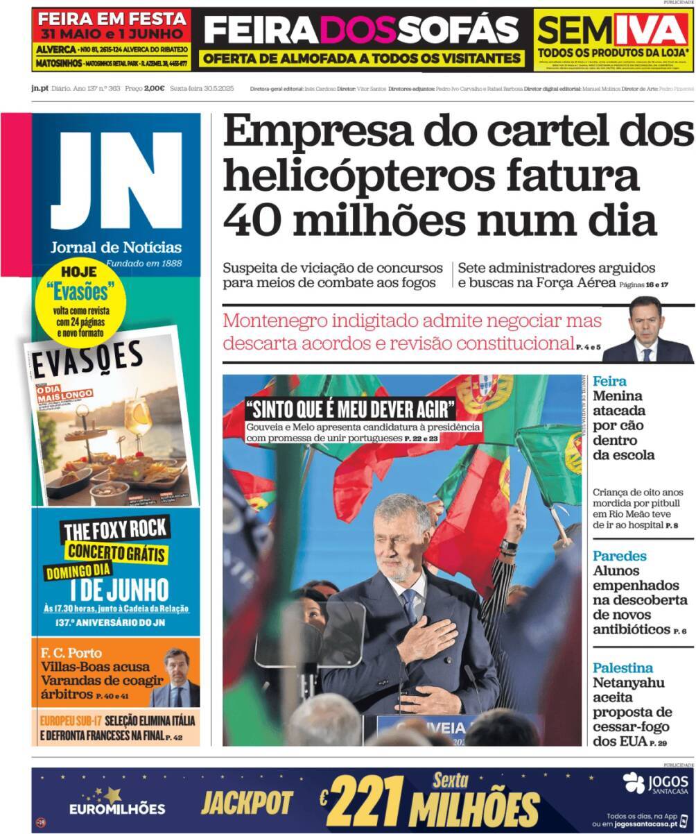 Jornal de Not&iacute;cias: Capa da Edi&ccedil;&atilde;o de sexta-feira, 30 de maio 2025