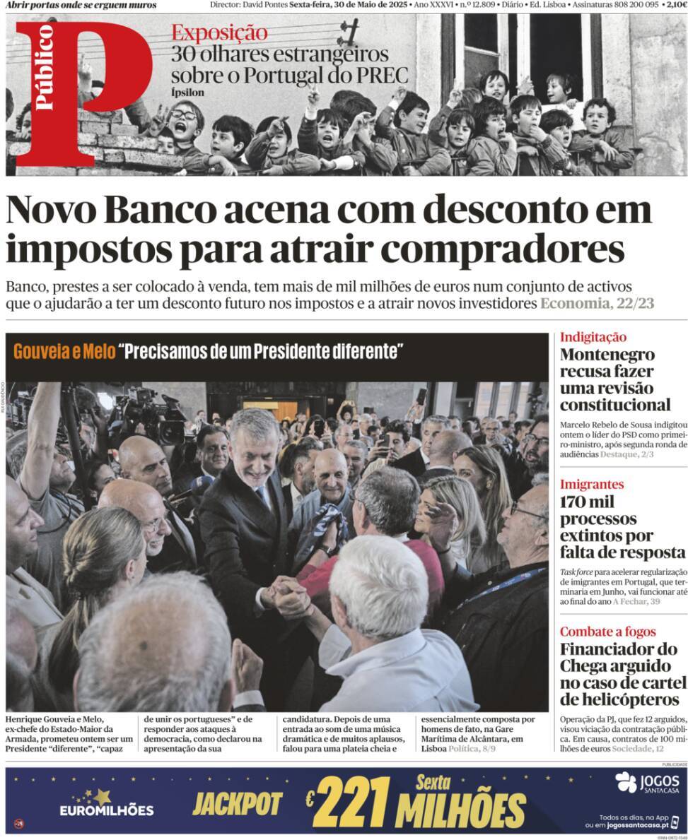P&uacute;blico: Capa da Edi&ccedil;&atilde;o de sexta-feira, 30 de maio 2025