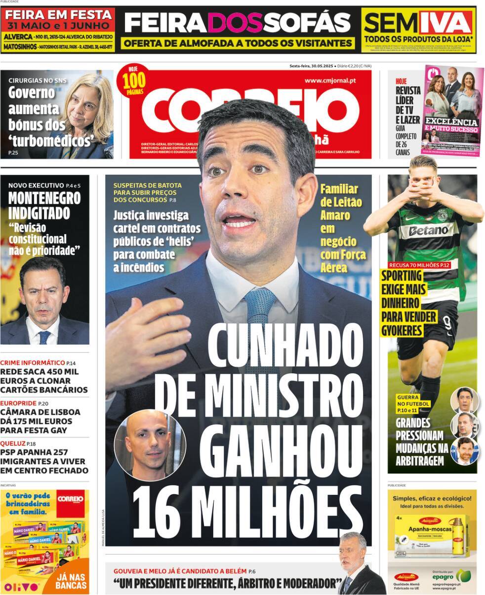 Correio da Manh&atilde;: Capa da Edi&ccedil;&atilde;o de sexta-feira, 30 de maio 2025