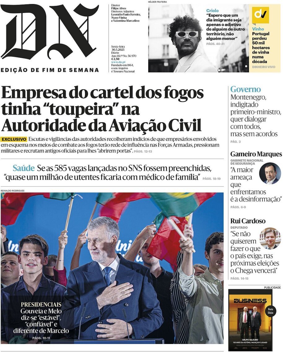 Di&aacute;rio de Not&iacute;cias: Capa da Edi&ccedil;&atilde;o de sexta-feira, 30 de maio 2025