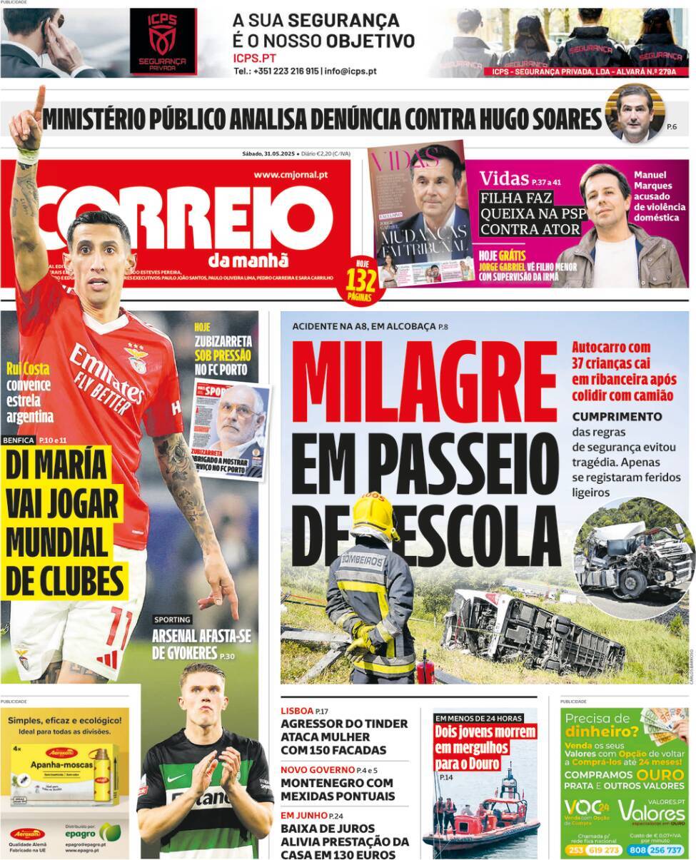Correio da Manh&atilde;: Capa da Edi&ccedil;&atilde;o de s&aacute;bado, 31 de maio 2025
