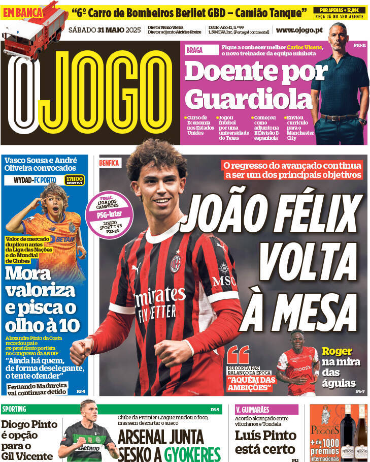 O Jogo: Capa da Edi&ccedil;&atilde;o de s&aacute;bado, 31 de maio 2025