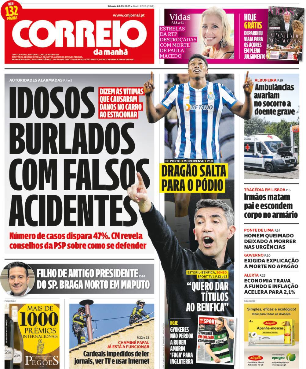 Correio da Manh&atilde;: Capa da Edi&ccedil;&atilde;o de s&aacute;bado, 03 de maio 2025