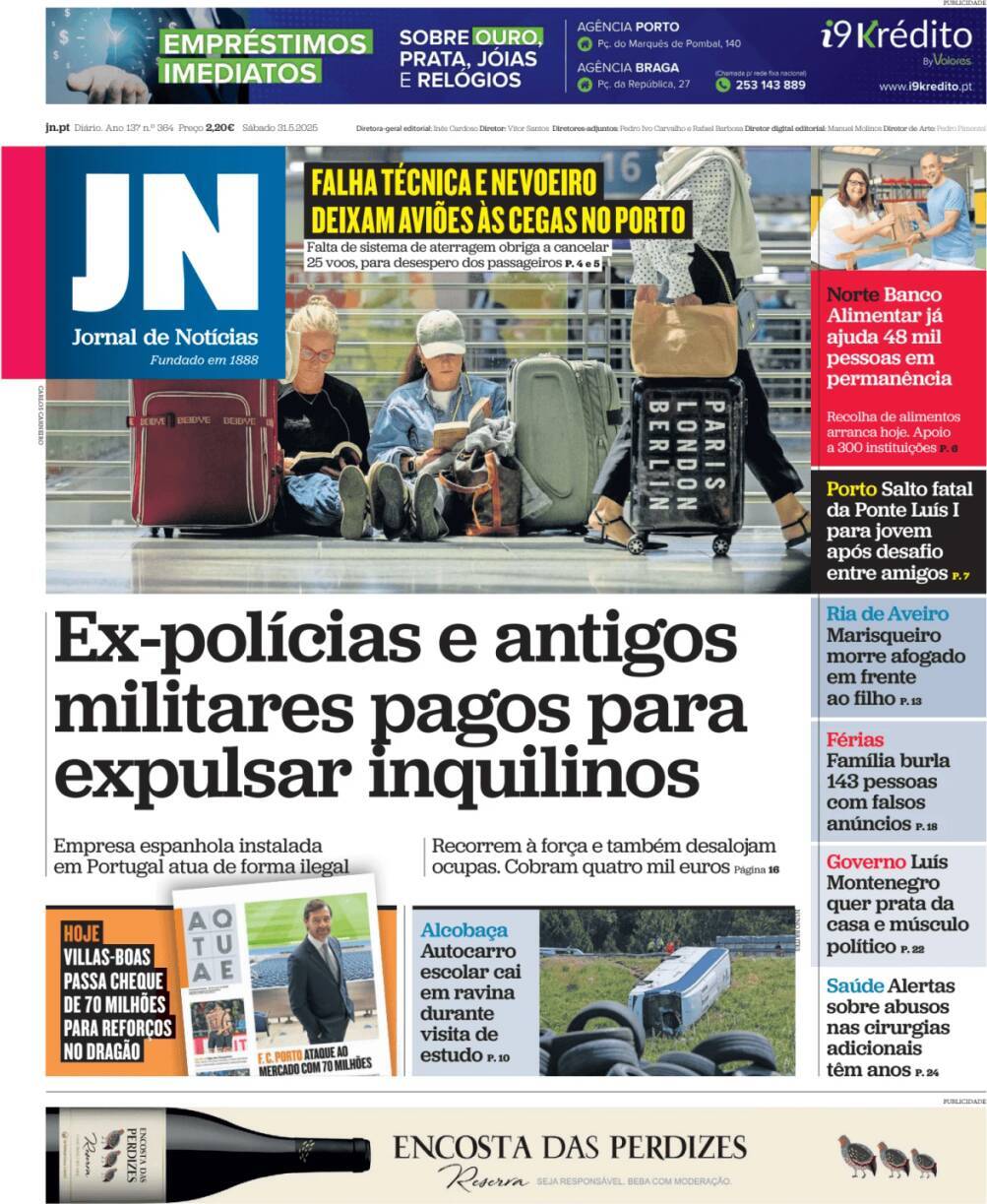 Jornal de Not&iacute;cias: Capa da Edi&ccedil;&atilde;o de s&aacute;bado, 31 de maio 2025