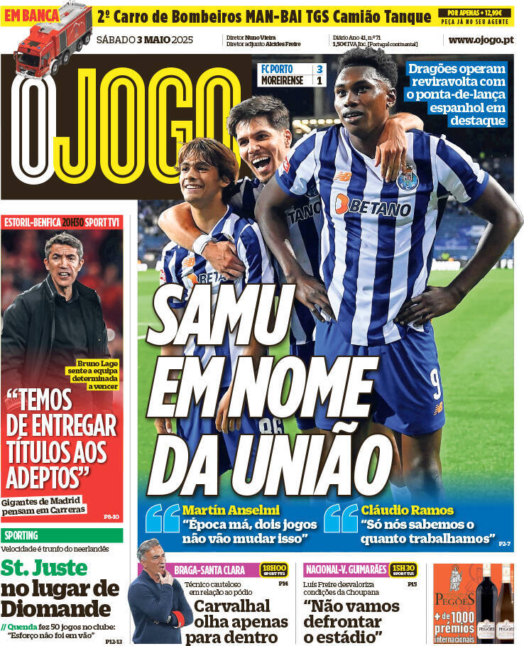 O Jogo: Capa da Edi&ccedil;&atilde;o de s&aacute;bado, 03 de maio 2025