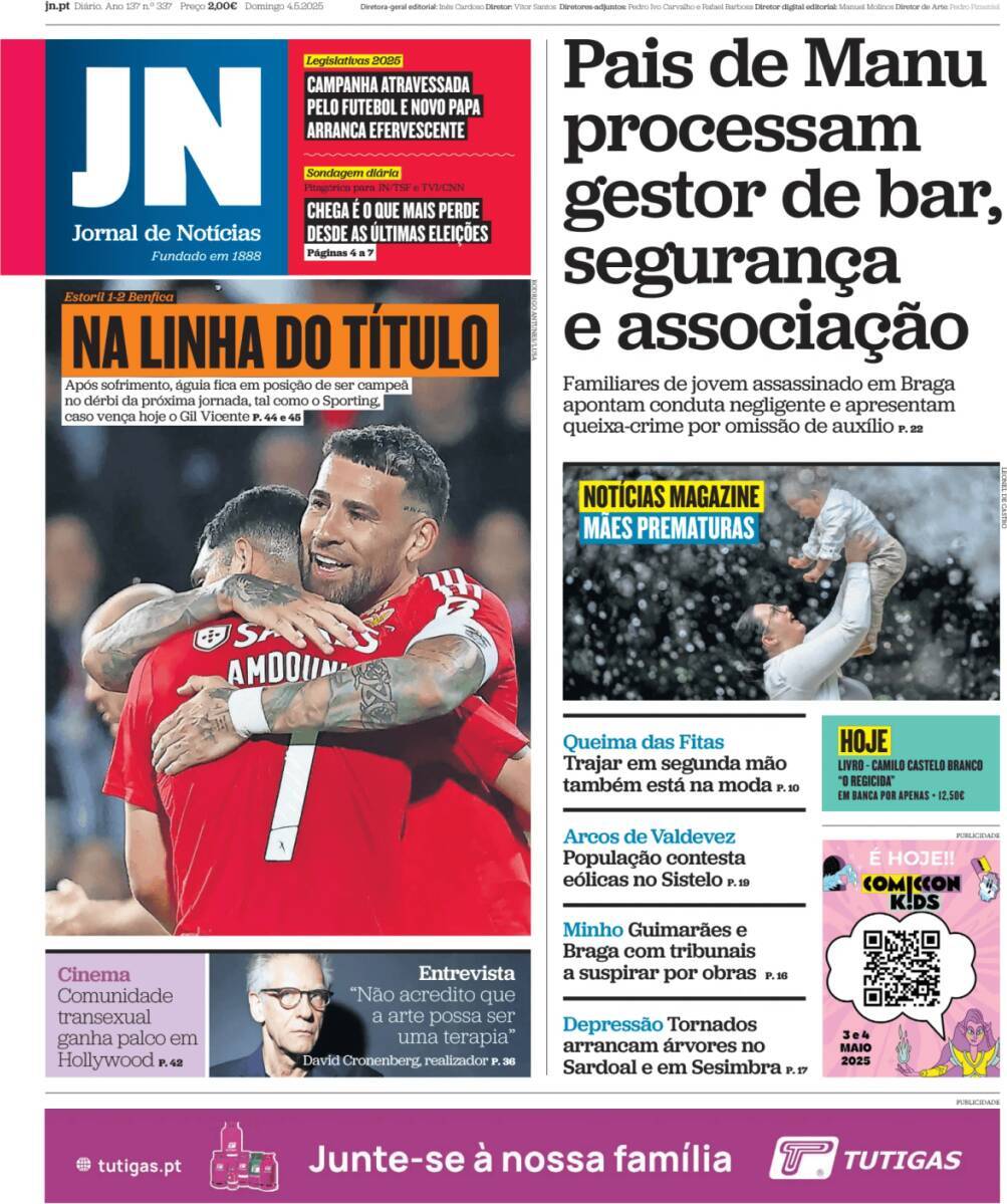 Jornal de Not&iacute;cias: Capa da Edi&ccedil;&atilde;o de domingo, 04 de maio 2025