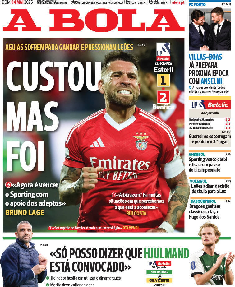 A Bola: Capa da Edi&ccedil;&atilde;o de domingo, 04 de maio 2025