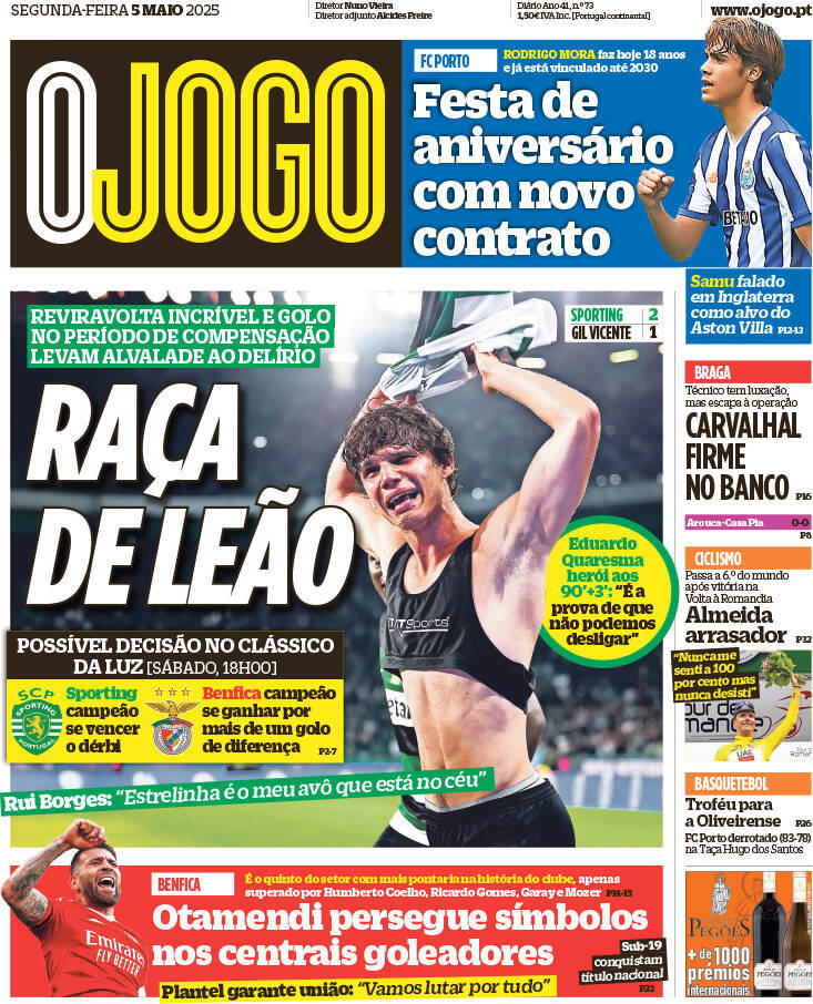 O Jogo: Capa da Edi&ccedil;&atilde;o de segunda-feira, 05 de maio 2025