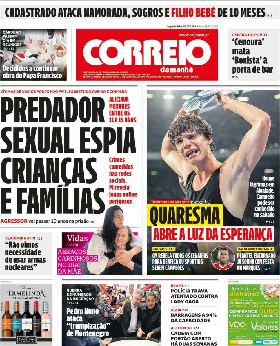 Correio da Manh&atilde;: Capa da Edi&ccedil;&atilde;o de segunda-feira, 05 de maio 2025