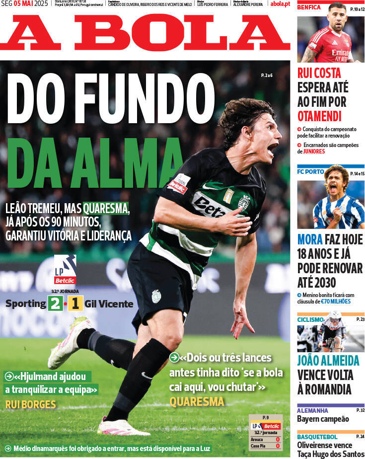 A Bola: Capa da Edi&ccedil;&atilde;o de segunda-feira, 05 de maio 2025