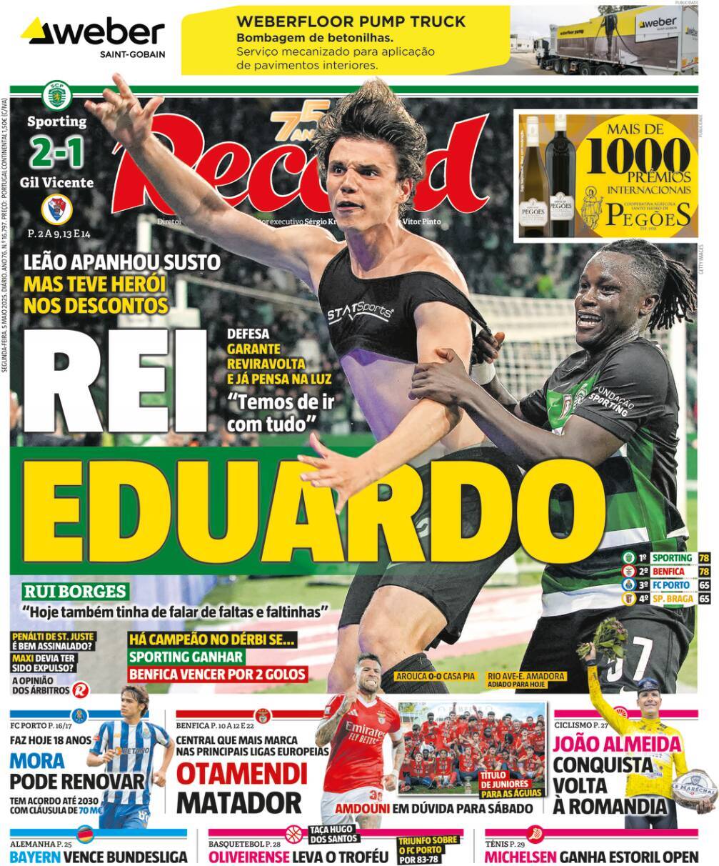 Record: Capa da Edi&ccedil;&atilde;o de segunda-feira, 05 de maio 2025