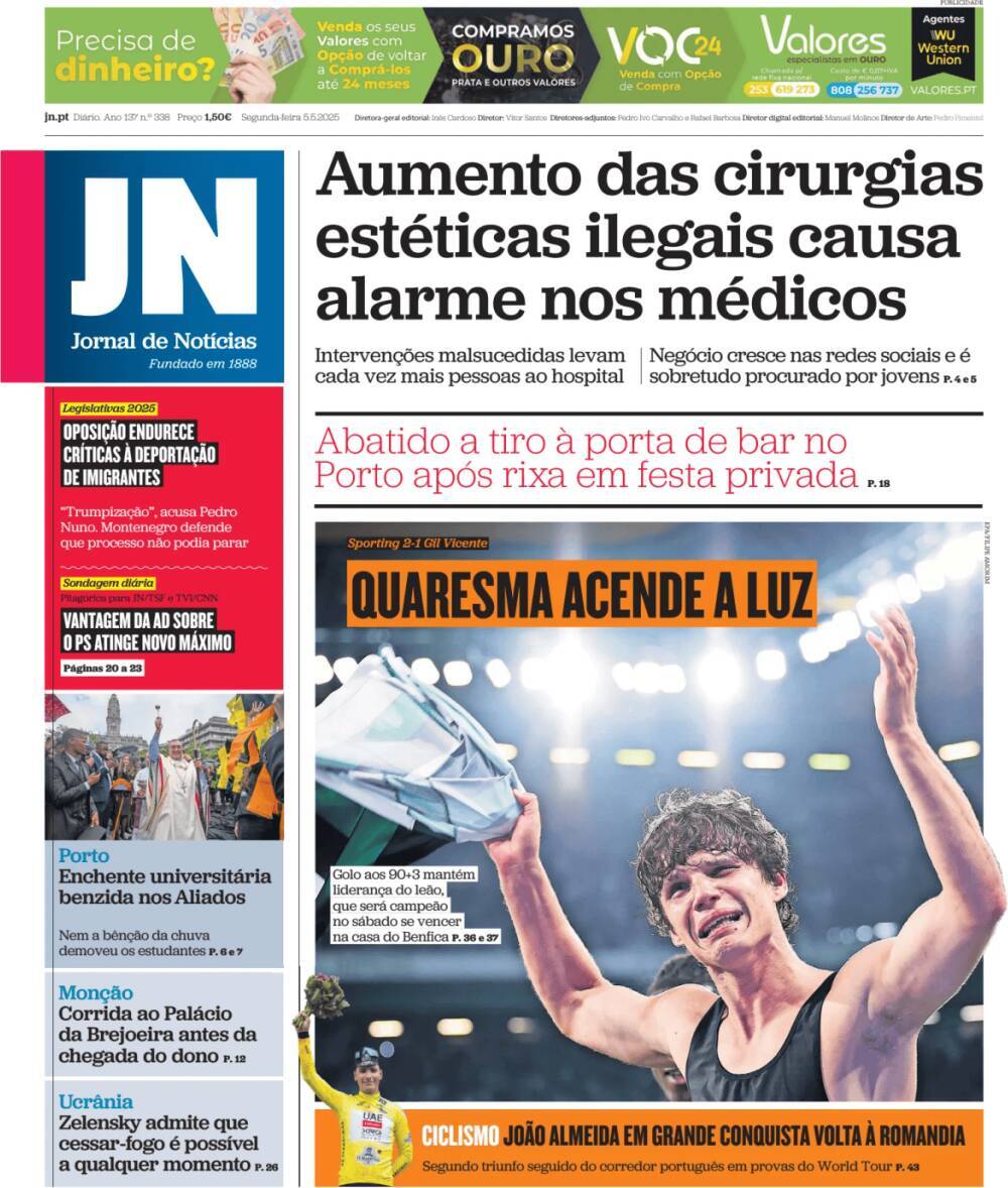 Jornal de Not&iacute;cias: Capa da Edi&ccedil;&atilde;o de segunda-feira, 05 de maio 2025