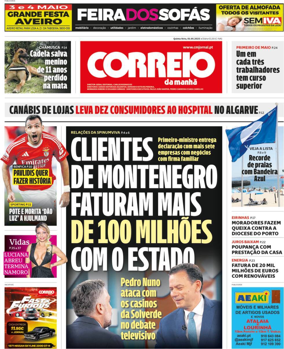 Correio da Manh&atilde;: Capa da Edi&ccedil;&atilde;o de quinta-feira, 01 de maio 2025