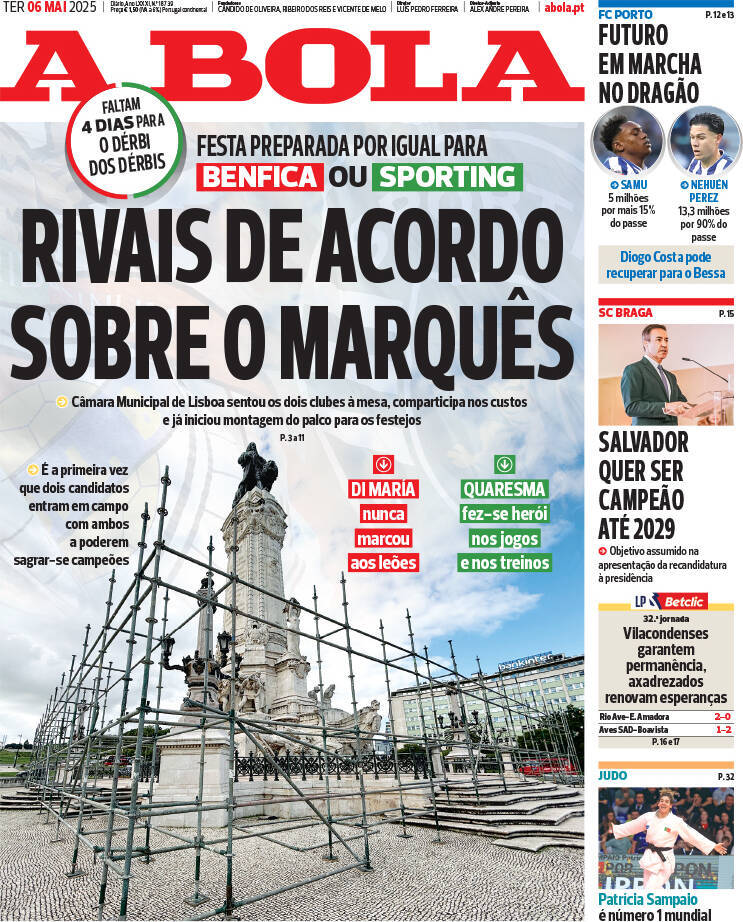 A Bola: Capa da Edi&ccedil;&atilde;o de ter&ccedil;a-feira, 06 de maio 2025