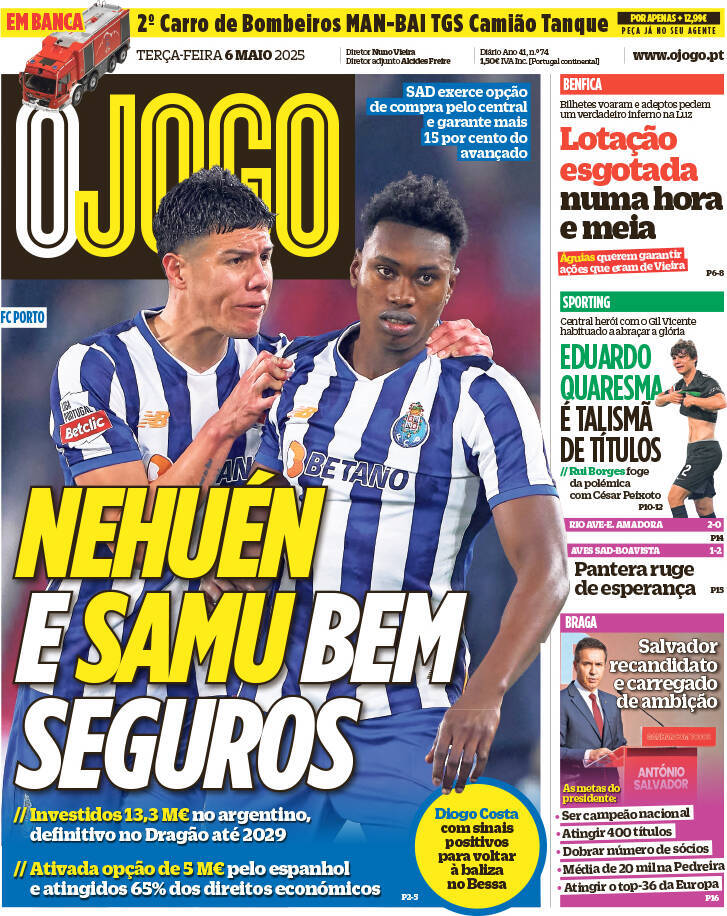 O Jogo: Capa da Edi&ccedil;&atilde;o de ter&ccedil;a-feira, 06 de maio 2025