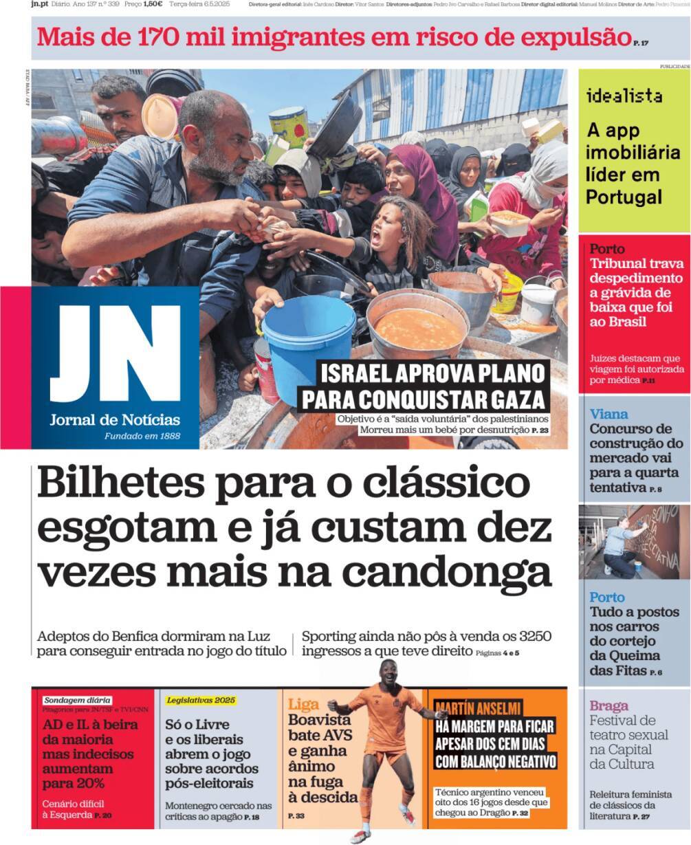 Jornal de Not&iacute;cias: Capa da Edi&ccedil;&atilde;o de ter&ccedil;a-feira, 06 de maio 2025