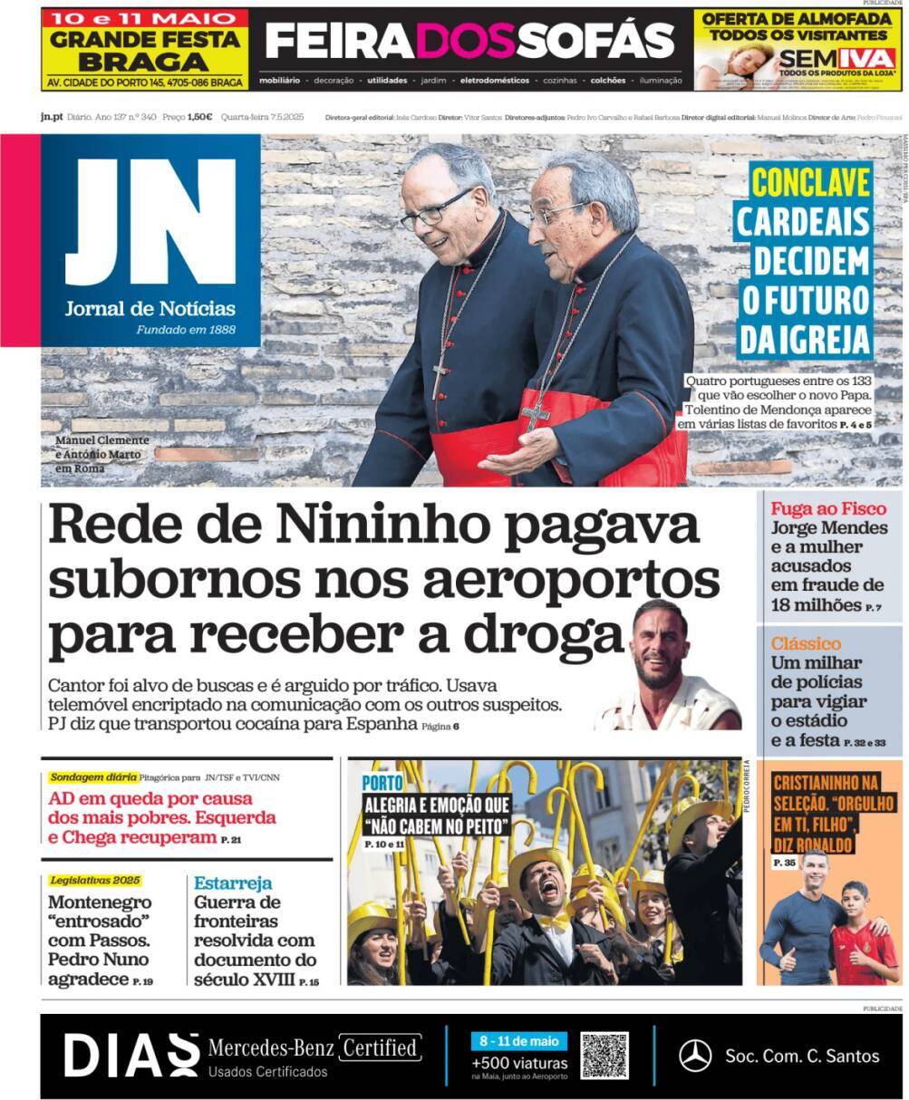Jornal de Not&iacute;cias: Capa da Edi&ccedil;&atilde;o de quarta-feira, 07 de maio 2025