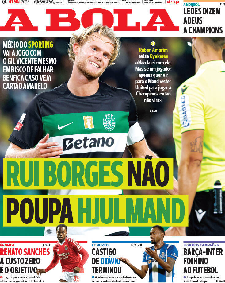 A Bola: Capa da Edi&ccedil;&atilde;o de quinta-feira, 01 de maio 2025