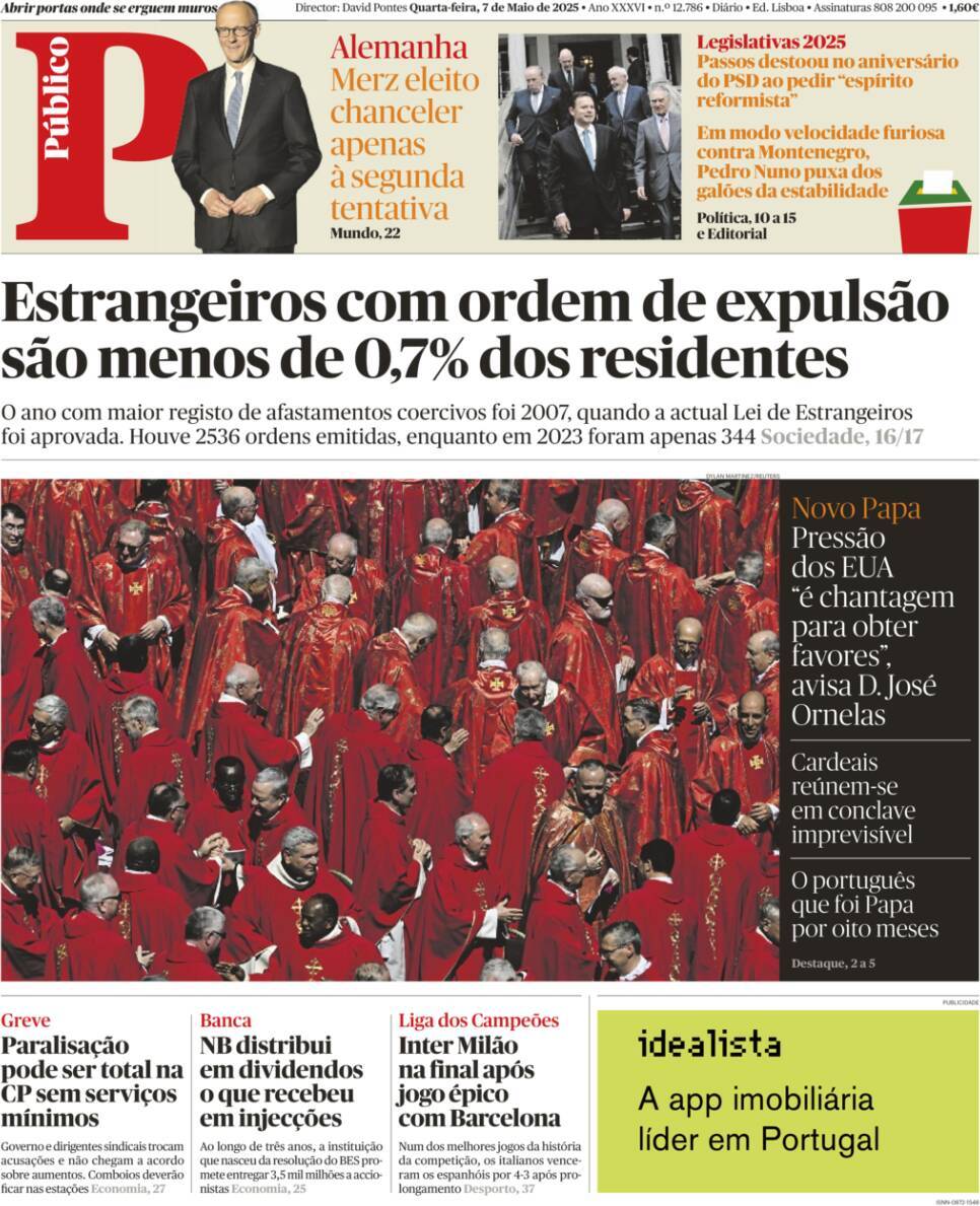 P&uacute;blico: Capa da Edi&ccedil;&atilde;o de quarta-feira, 07 de maio 2025
