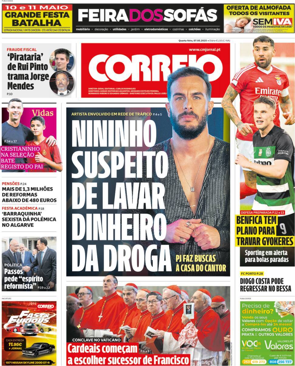 Correio da Manh&atilde;: Capa da Edi&ccedil;&atilde;o de quarta-feira, 07 de maio 2025