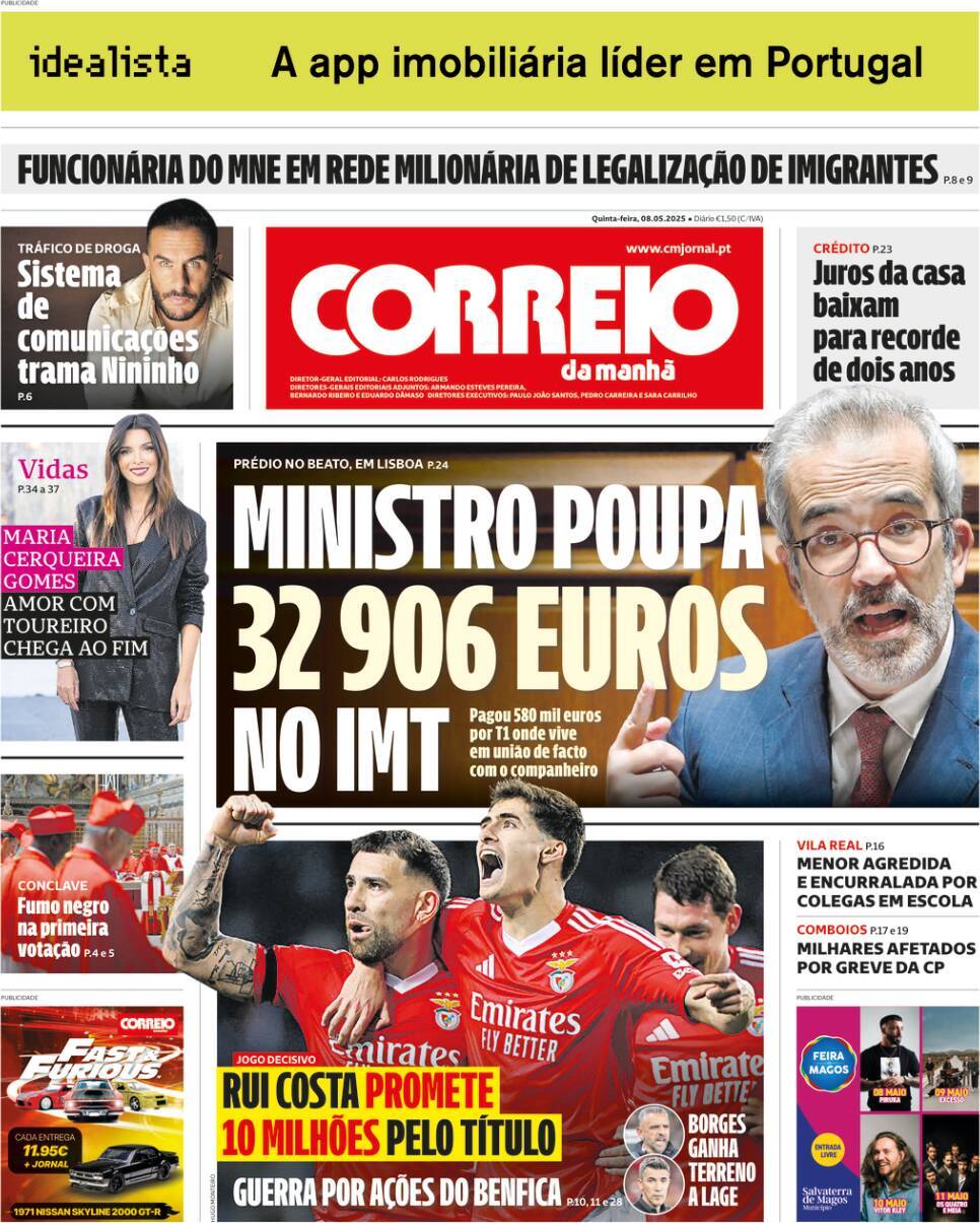 Correio da Manh&atilde;: Capa da Edi&ccedil;&atilde;o de quinta-feira, 08 de maio 2025