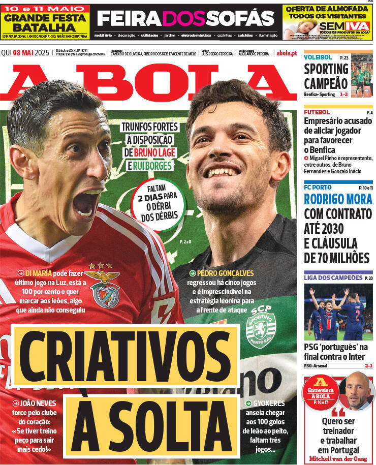 A Bola: Capa da Edi&ccedil;&atilde;o de quinta-feira, 08 de maio 2025