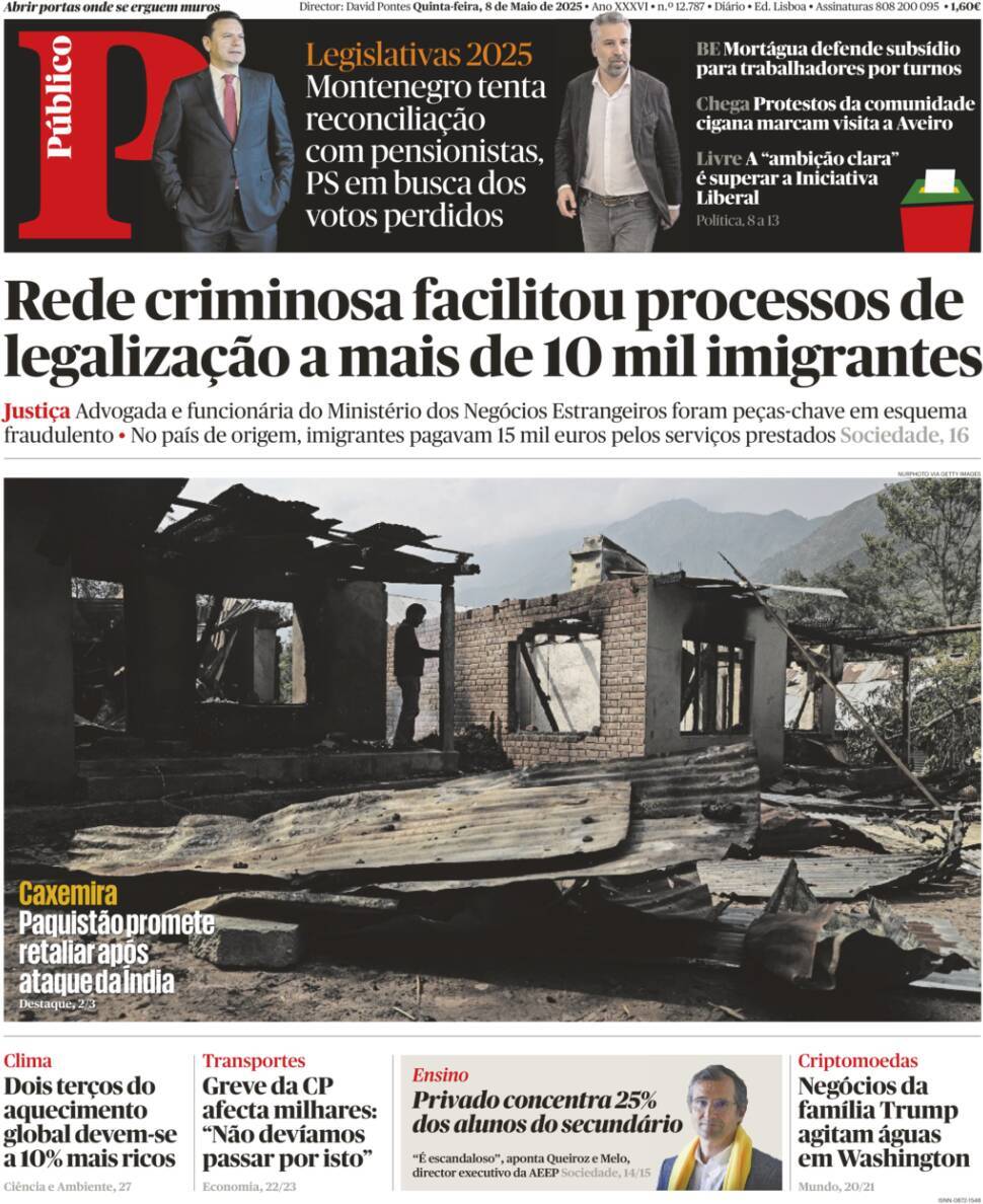 P&uacute;blico: Capa da Edi&ccedil;&atilde;o de quinta-feira, 08 de maio 2025