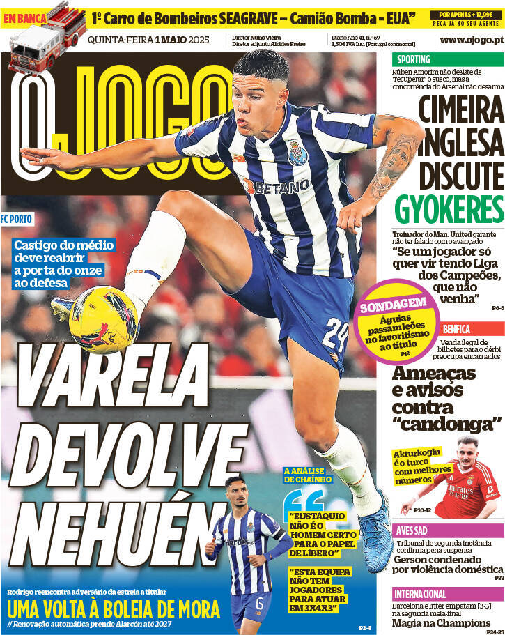 O Jogo: Capa da Edi&ccedil;&atilde;o de quinta-feira, 01 de maio 2025
