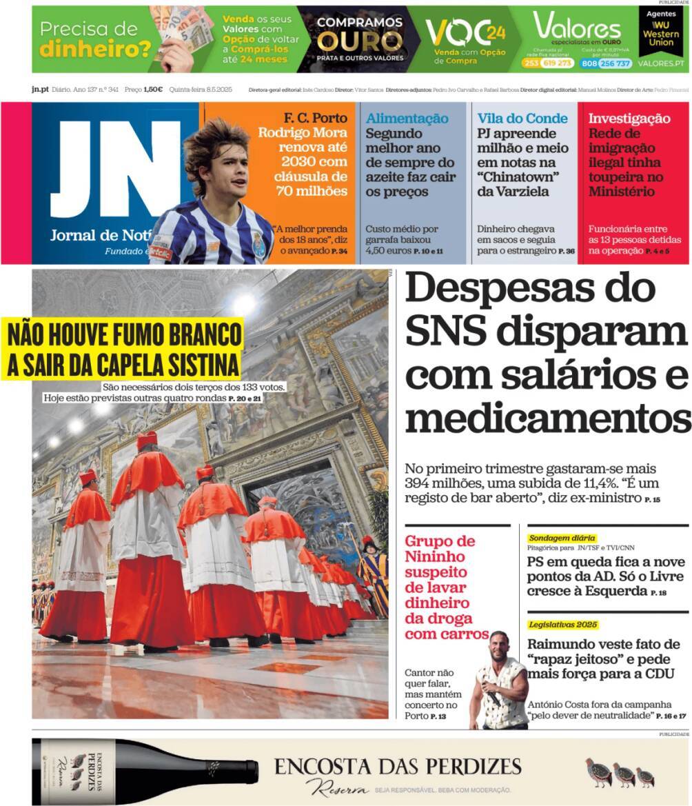 Jornal de Not&iacute;cias: Capa da Edi&ccedil;&atilde;o de quinta-feira, 08 de maio 2025