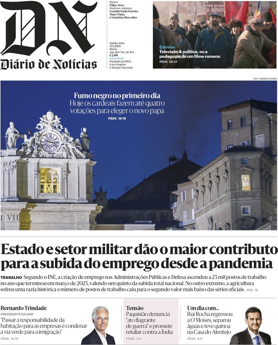 Di&aacute;rio de Not&iacute;cias: Capa da Edi&ccedil;&atilde;o de quinta-feira, 08 de maio 2025