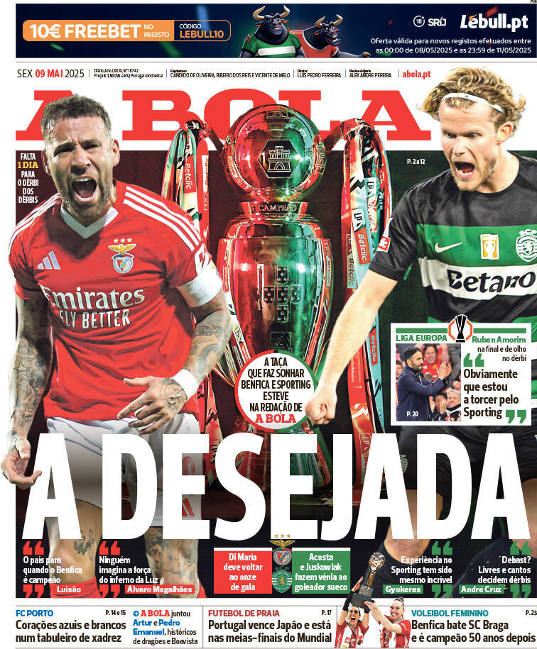 A Bola: Capa da Edi&ccedil;&atilde;o de sexta-feira, 09 de maio 2025