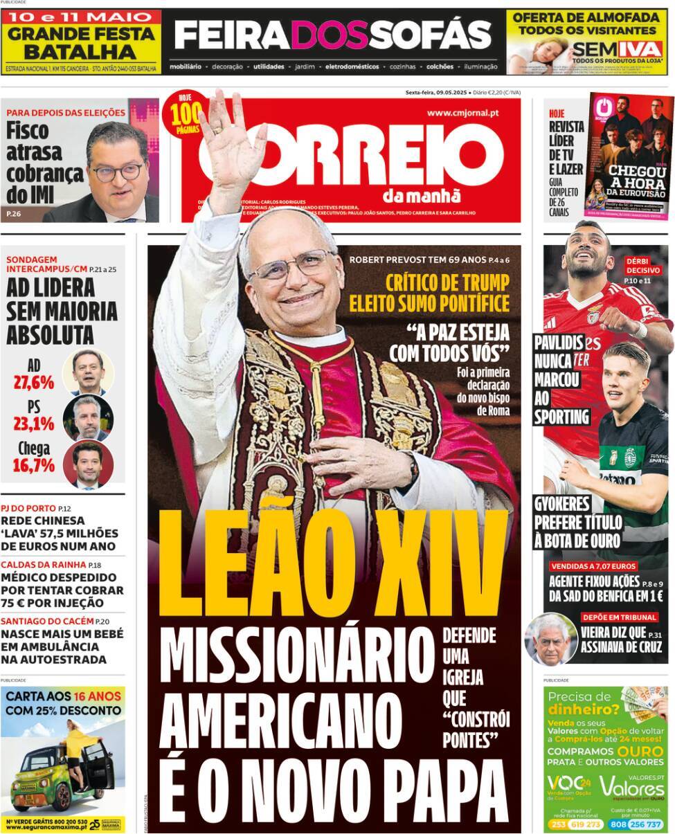 Correio da Manh&atilde;: Capa da Edi&ccedil;&atilde;o de sexta-feira, 09 de maio 2025