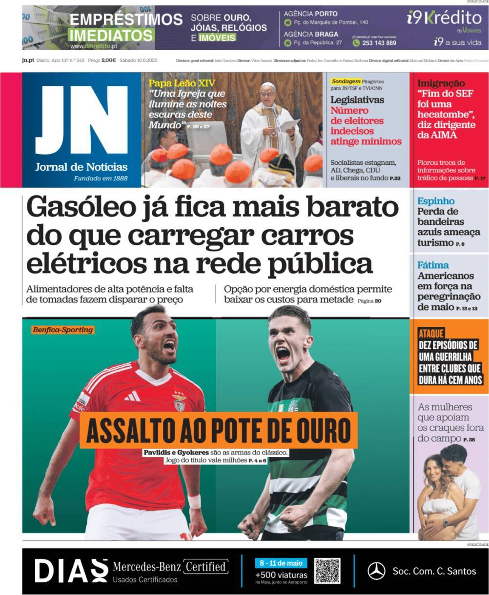Jornal de Not&iacute;cias: Capa da Edi&ccedil;&atilde;o de s&aacute;bado, 10 de maio 2025