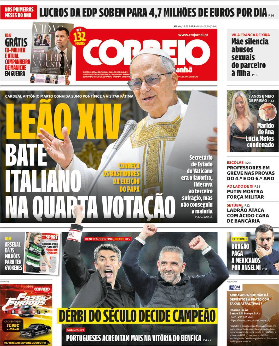 Correio da Manh&atilde;: Capa da Edi&ccedil;&atilde;o de s&aacute;bado, 10 de maio 2025