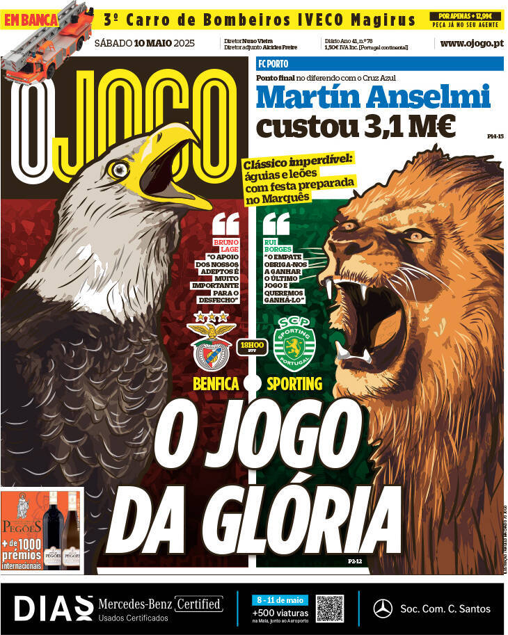 O Jogo: Capa da Edi&ccedil;&atilde;o de s&aacute;bado, 10 de maio 2025