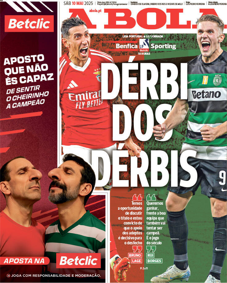A Bola: Capa da Edi&ccedil;&atilde;o de s&aacute;bado, 10 de maio 2025